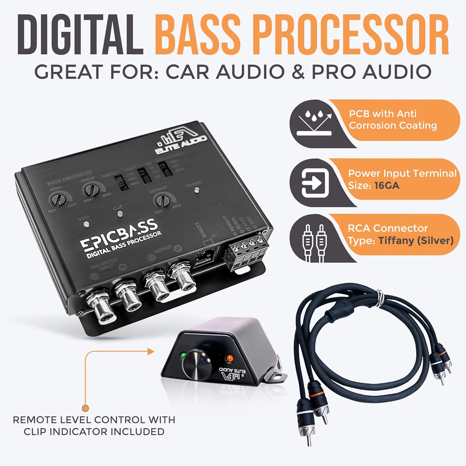Elite Audio Epic Bass Digital Bass Restoration Kit - Epic Bass Processor with 3ft. & 17ft. Oxygen Free RCA Cables - Boosted Bass Performance, Remote Bass Control