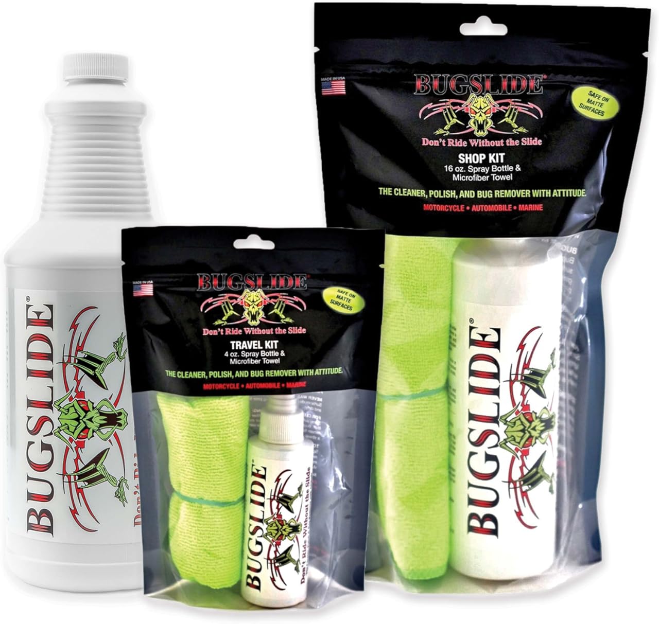 BugSlide Saver Pack, 4 oz Travel Kit with Microfiber Cloth, 16 oz Spray Kit with Microfiber Cloth, 32 oz Refill Bottle, Waterless Detailer, Cleans All Surfaces and Vehicles Without Scratching