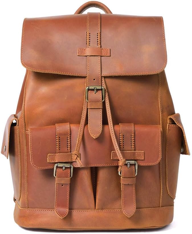 Vintage Handmade Genuine Leather Shoulder Backpack, Large Capacity Biker Bag for Travel, School & Daily Use Gift Box (Brown)