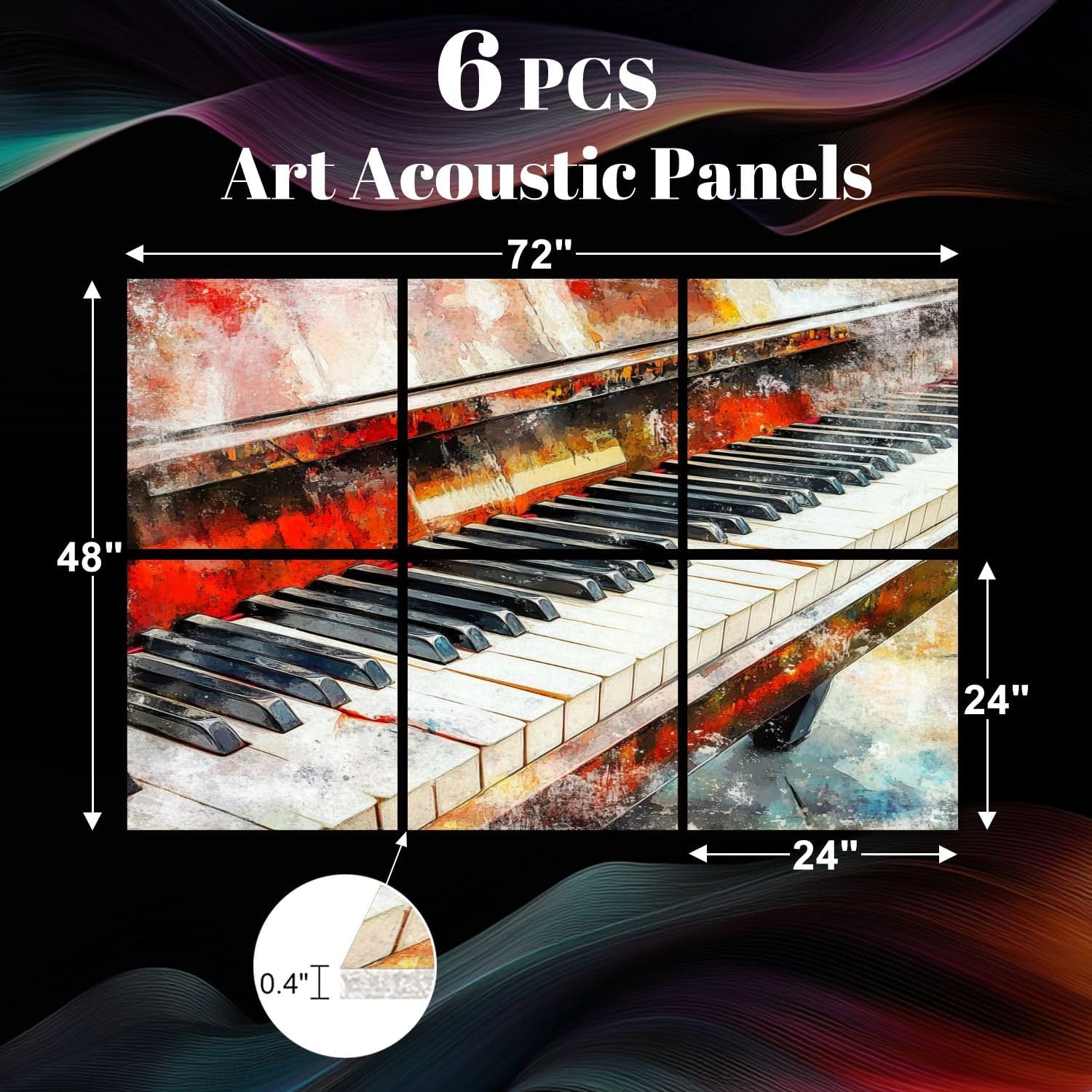 6 Pack Art Acoustic Panels Abstract colorful piano keyboard watercolor Sound Absorbing Panel 48