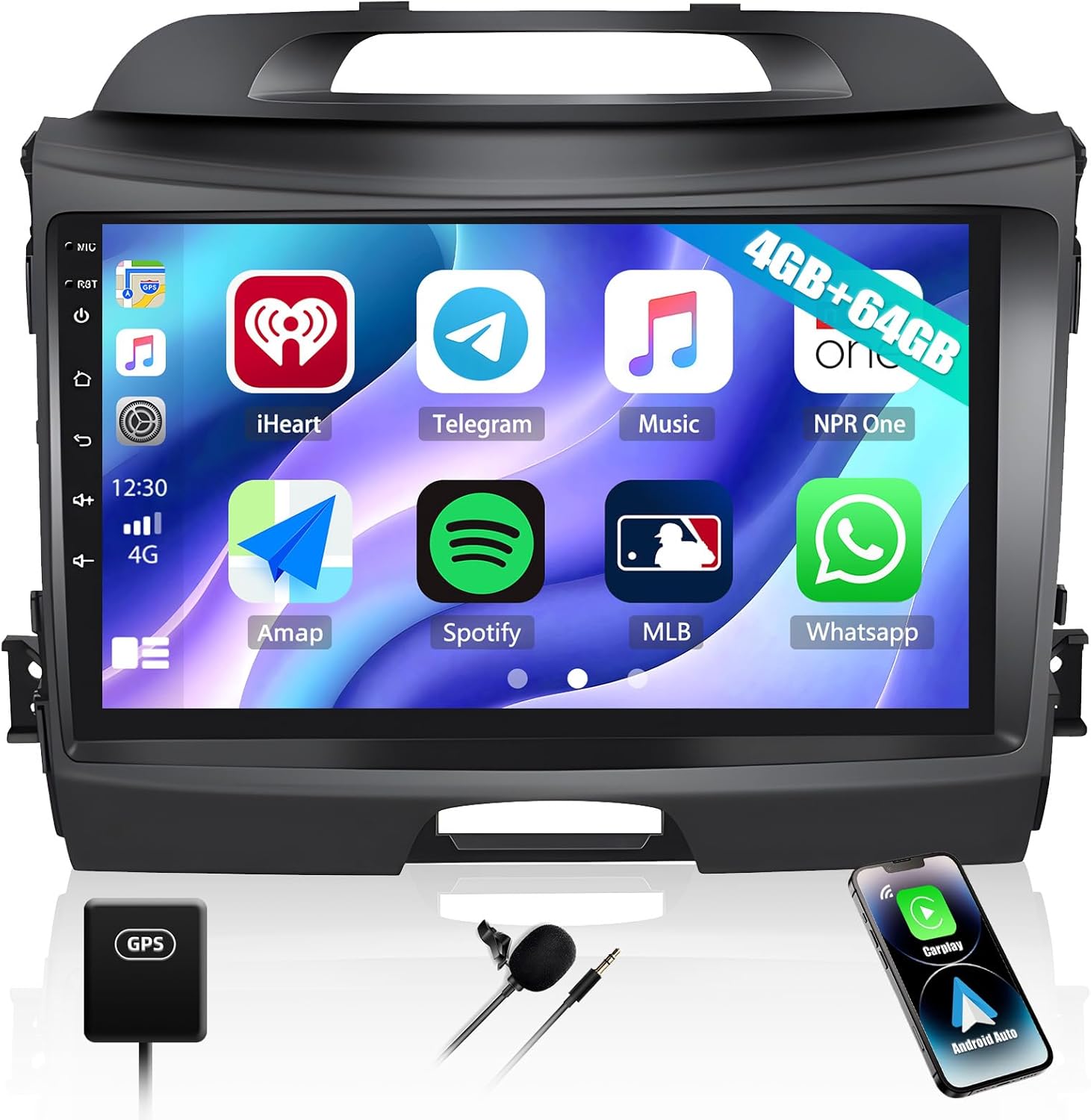 CAMECHO 4G+64G Car Stereo Radio for Kia Sportage 2011-2016 with Wireless CarPlay Android Auto 9'' Android 13 Radio Touch Screen Car Radio with GPS Navigation Bluetooth 5.0 16EQ WiFi RDS FM Head Unit