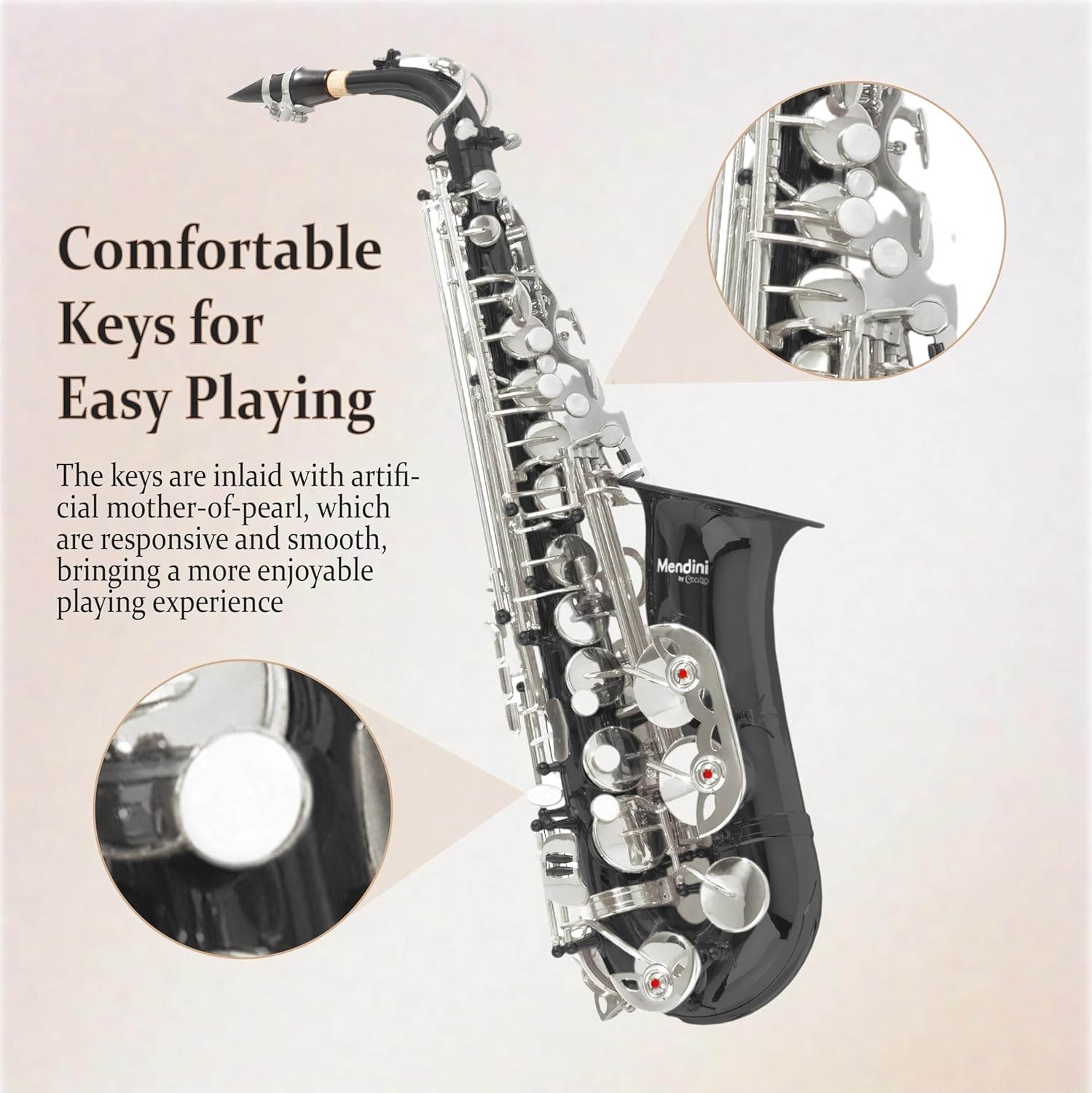 Mendini By Cecilio Alto Saxophone for Beginners with Tuner, Mouthpiece, Case, 10 Reeds, Grease, Cleaning Cloth & Rod, Gloves, Strap, Book (Black Silver)