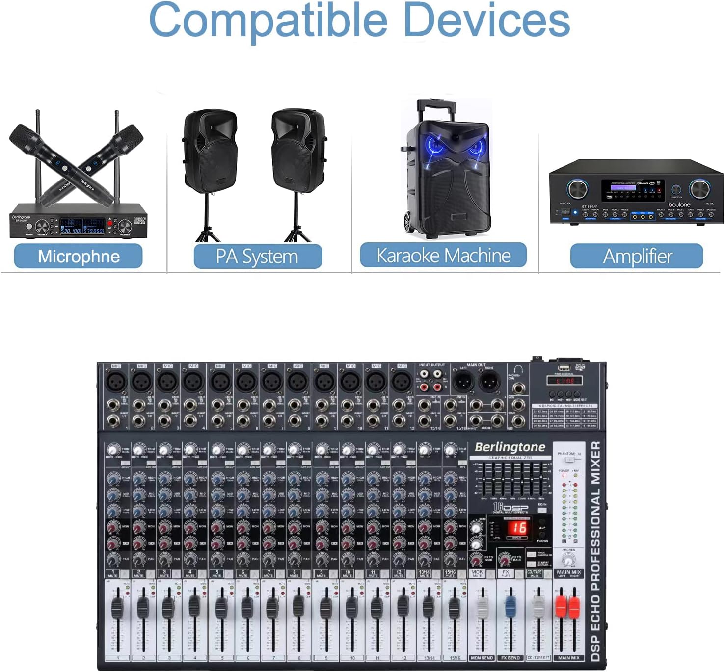 -Berlingtone,16 Channel Professional Bluetooth Studio Audio Mixer - DJ Sound Controller, USB MP3 Player, 14 Microphone Jack, 7 Band EQ, 16 BIT Digital FX, 48V Phantom Power, Unpowered (BR-166MX)