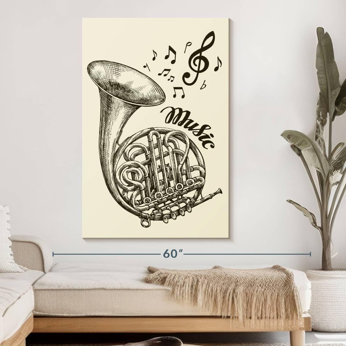 ElephantStock - French Horn Music Wall Art - Vertical Canvas Wall Art - Living Room Wall Decor - Drawing Music Canvas Art - Beige And Black Decor - 34