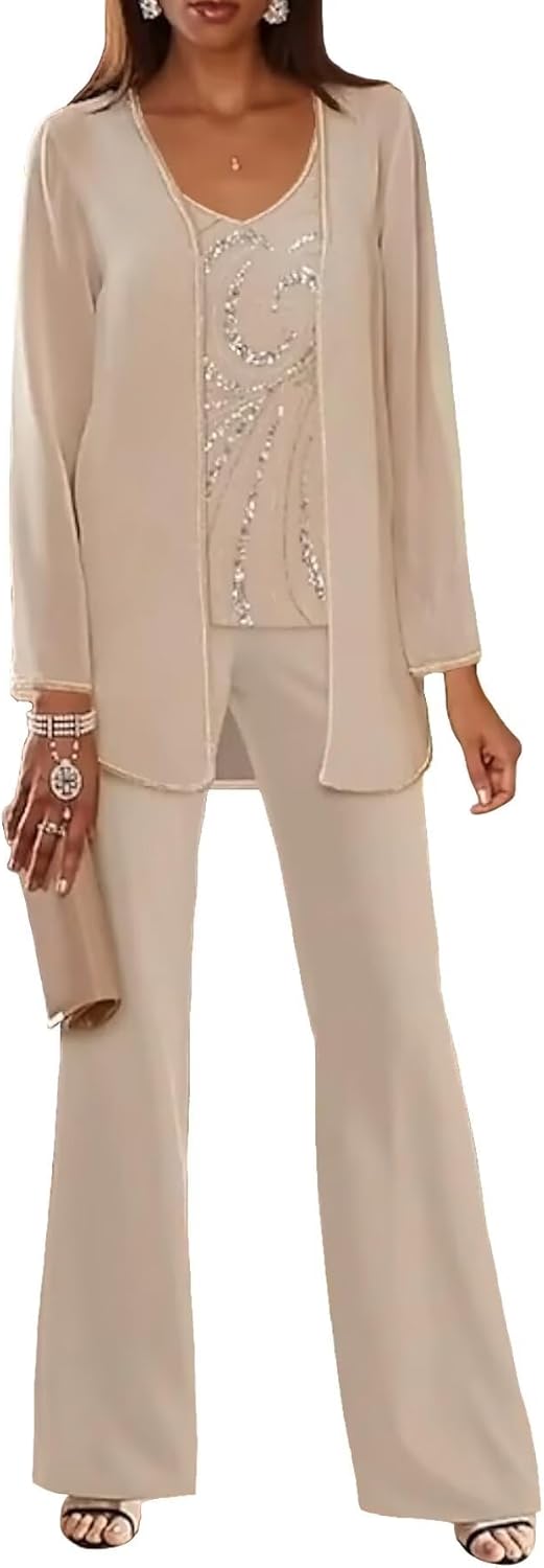 3 Pieces Pant Suits for Women Dressy - Lace Chiffon Long Sleeve Mother of The Groom Pants Suits for Wedding