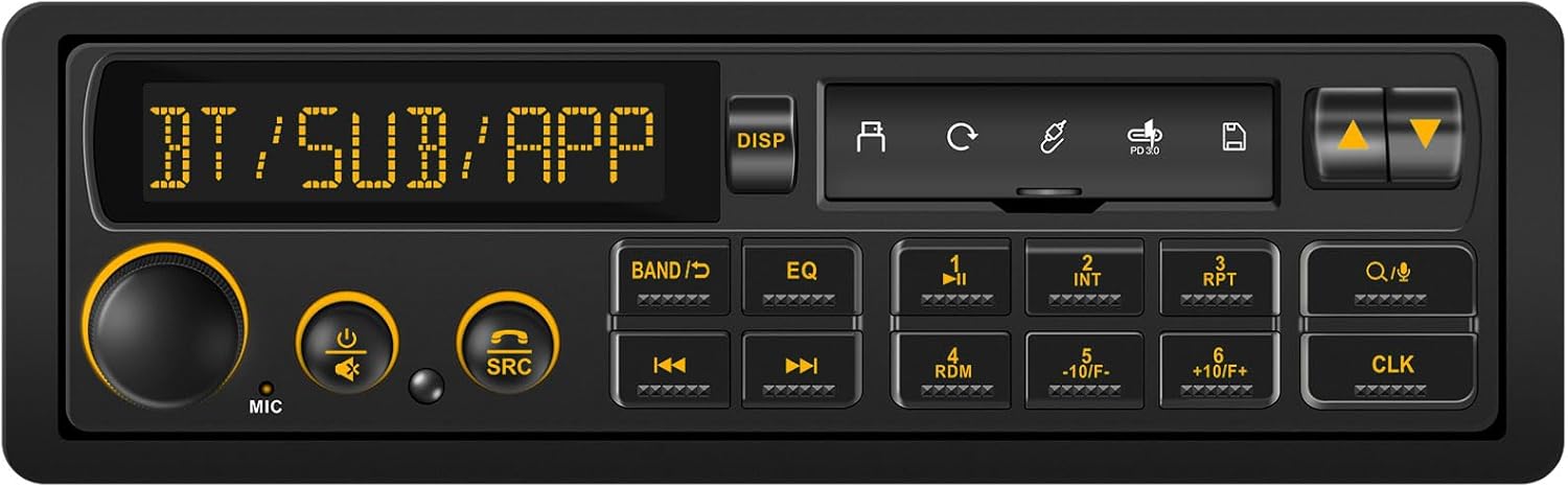 Bluetooth Retro Car Stereo Receiver - Single Din European Classic Look Radio for 80s Car - AM FM Pre-Amp 2 Subwoofer Outputs USB SD AUX Type-C PD3.0 Fast Charge EQ SWC