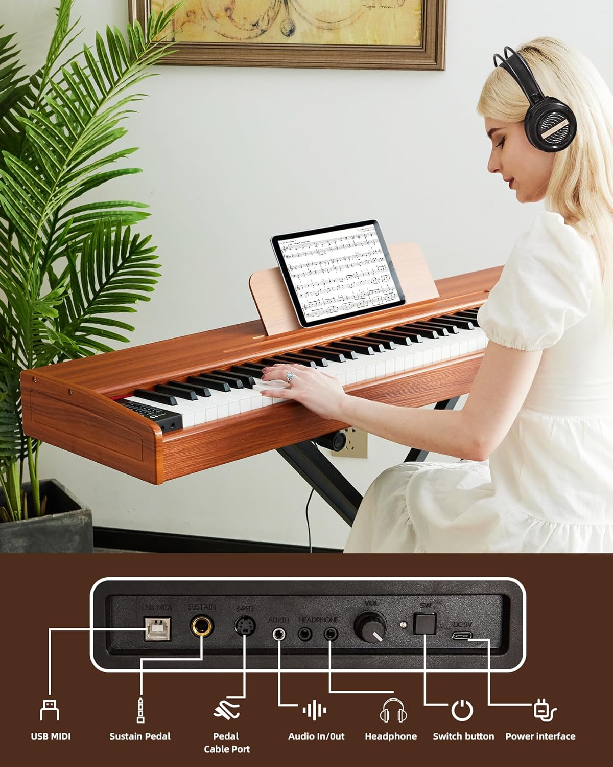 Digital Piano 88 key Semi Weighted Keyboard With X Stand & Sustain Pedal, Full-Size Beginner Electric Piano For Bluetooth, Headphone Mode, USB-MIDI