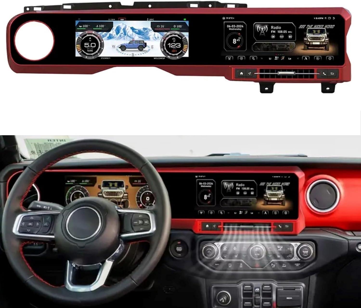 12.3 Inch Dual Screens Car Stereo Android Radio Digital Instrument Cluster for Jeep Wrangler JL 2018-2022 8+128G, Red