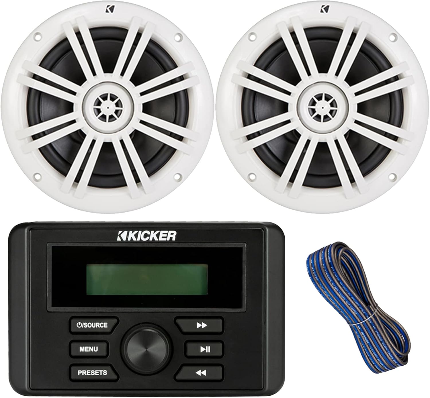 Kicker Weather-Resistant Marine Bluetooth USB AM/FM Stereo Receiver Bundle Combo with 1 Pair (Qty 2) of 6.5