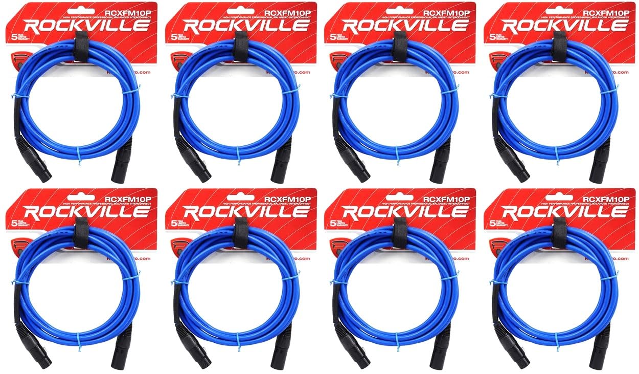 Rockville Bundle: (8) RCXFM10P-BL Blue 10' Female to Male REAN XLR Mic Cable 100% Copper (8 Items)