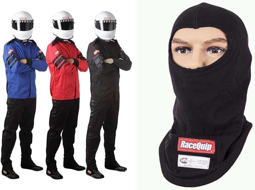 RaceQuip Driver Fire Suit Jacket SFI 3.2A/1 Black Large 111005 + Underwear Head Sock Balaclava SFI 3.3 FR Black Large 433991