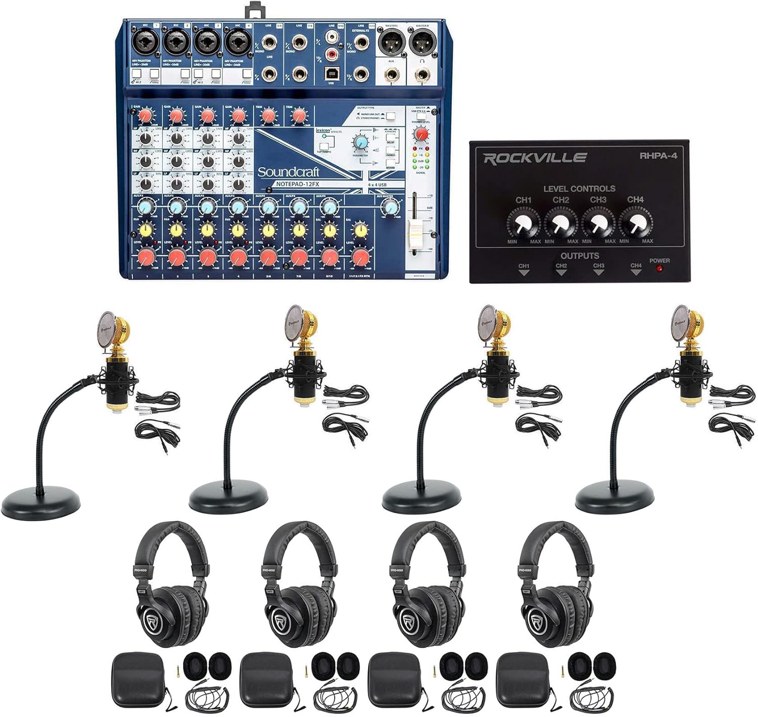 Soundcraft Notepad-12FX Mixer w/USB Interface Bundle with PRO-M50 Headphones w/Coil Cable, RCM02 Recording Mic+Shock Mount, RDMS6 Desktop Mic Stand+ Base and RHPA4 Headphone Amp Stereo (14 Items)