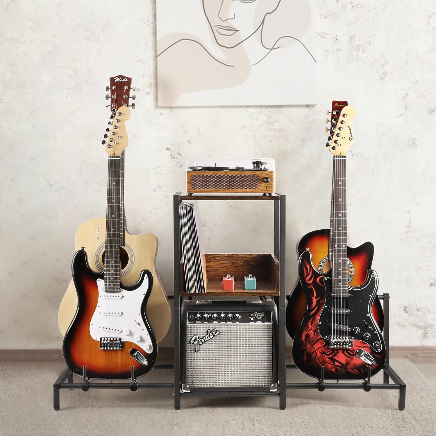 Bikoney Guitar Stand for 4 Guitars - Acoustic, Electric, Bass & Ukulele Floor Rack with 2 Wood Shelves for Amp Holder, Vinyl Records & Media Storage - Adjustable Multi Guitar Display Stand for Music Studio Home (Patent)