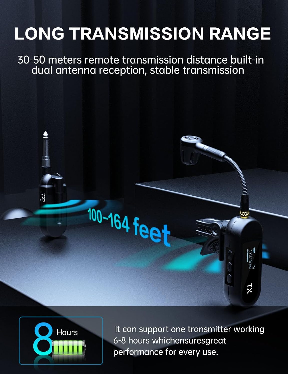 EBJ Wireless UHF Saxophone Microphone System, Clip Instrument Microphone Saxophone and Trumpet, preset EQ and Echo Level 100 feet Transmission, Full Charge can be Used for 8 Hours (M-03-2)