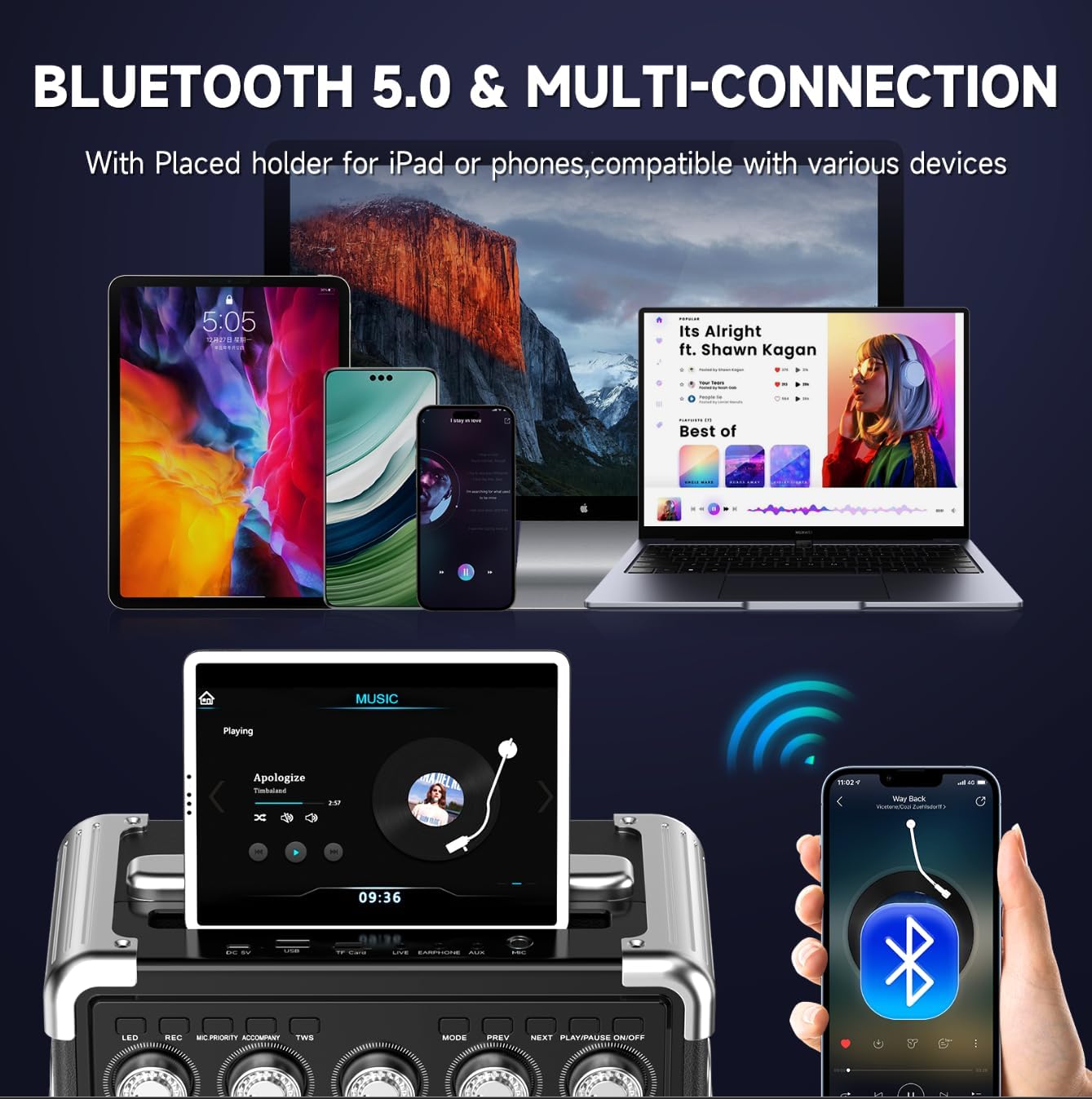 Karaoke Machine with 2 Microphones: HWWR Portable Karaoke Machine for Adults Kids, Eco-Friendly Reusable for Home Party Bluetooth Speaker with Bass/Treble Adjustment, Support REC/USB/AUX