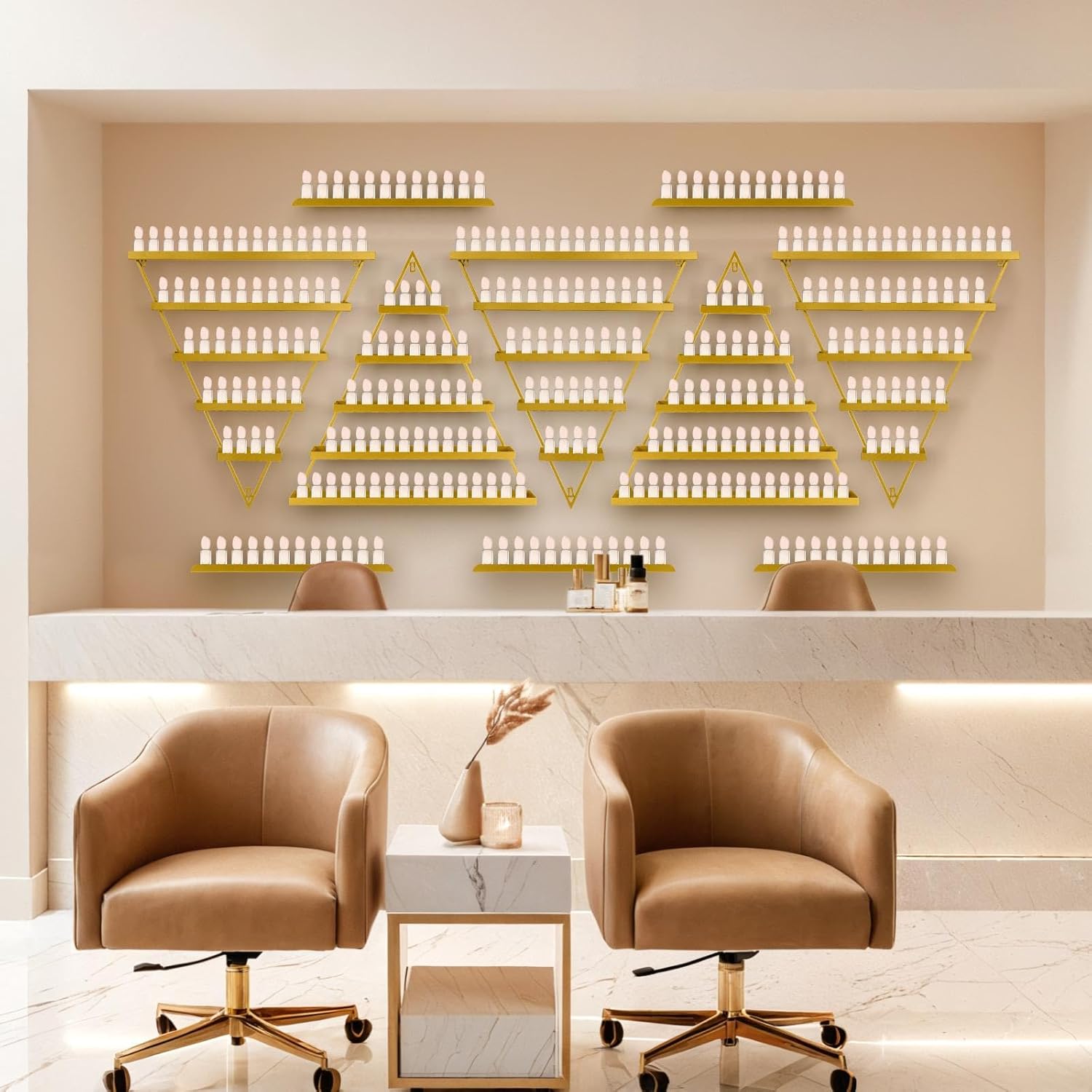 Gold Wall Mount Nail Polish Rack, Triangular Nail Polish Storage Organizer, 5-Tier Metal Display Shelf for Salon, Home Nail Art Station, Cosmetics, Skin Care Products 10PCS