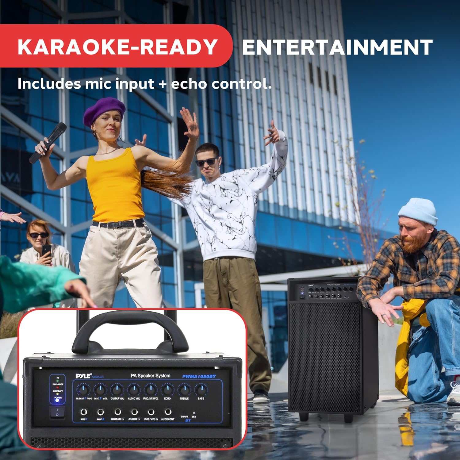 Pyle Outdoor Portable Wireless Bluetooth PA Loud speaker Stereo Sound System with 10 inch Subwoofer, Mid-Range Tweeter, Rechargeable Battery, Microphone, Remote - PWMA1050BT