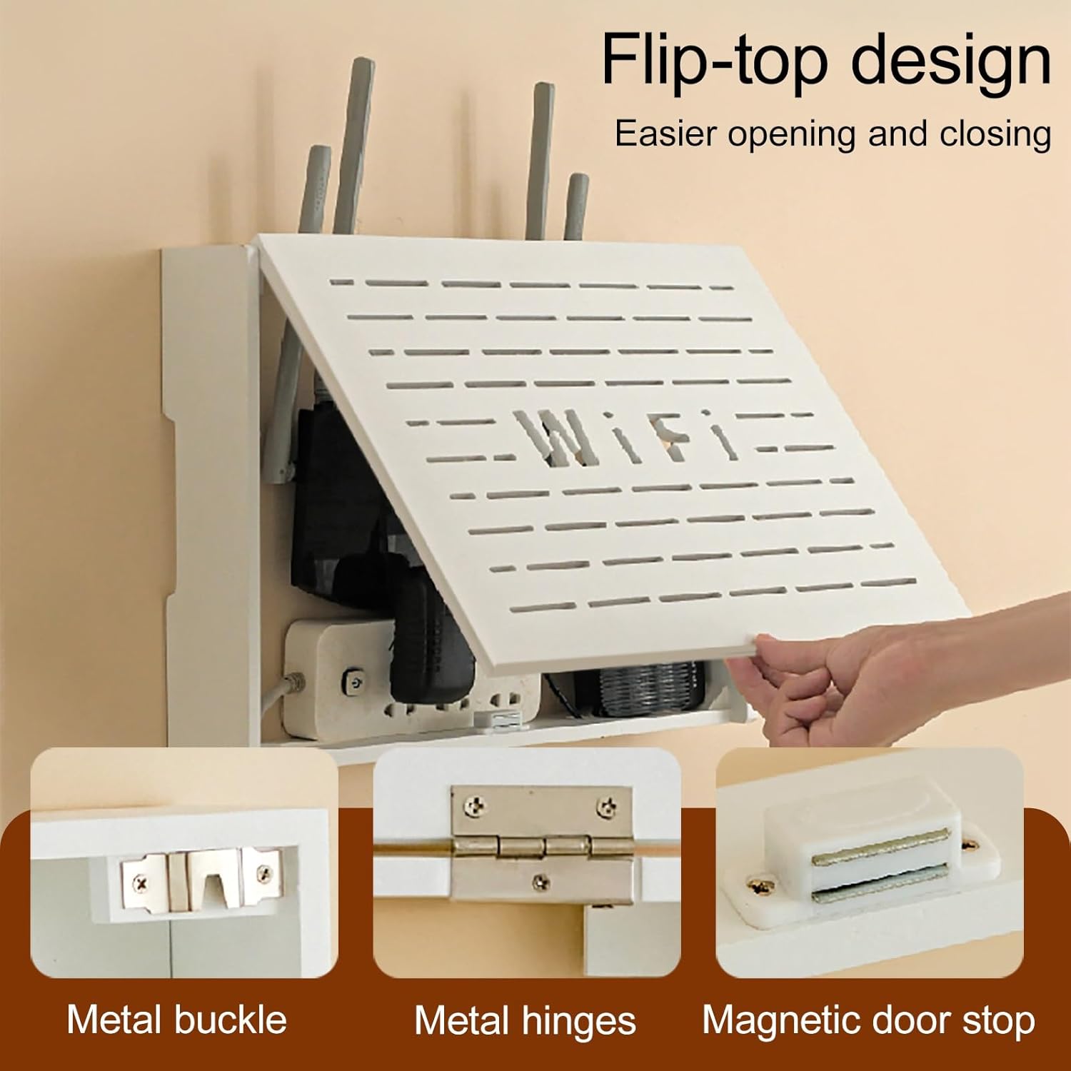 WiFi Router Hidden Box, Wooden WiFi Router Storage Box, Projector Shelf, Large Space Modem Cable Organizer, with Ventilation & Cord Management, for Bedroom Living Room(White1,41x7.3x30cm/16x3x12in)