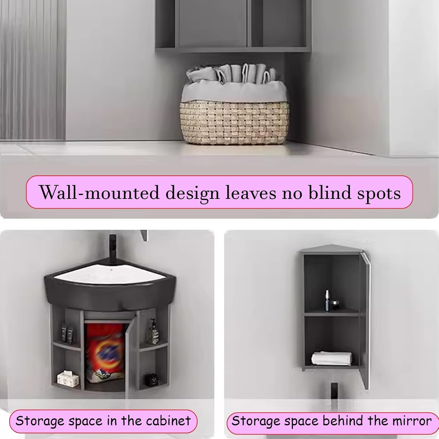 Corner Bathroom Sink, Wall Mount Ceramic Vanity, with Sink and Mirror Cabinet, Floating Wash Basin for Small Spaces, Corner Bathroom Vanity(15inchx38cm)