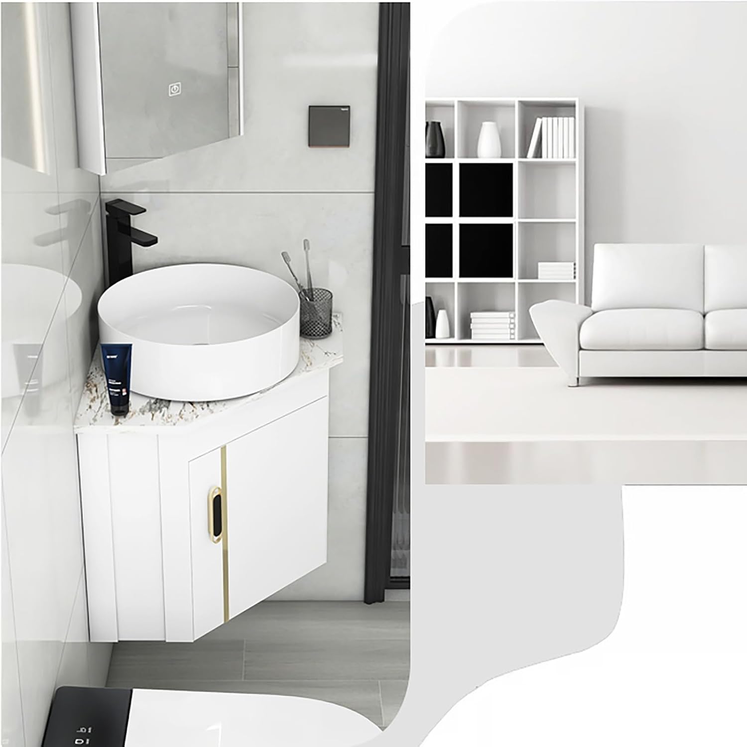 Corner Sink, Heavy-Duty Bathroom Vanity Sink, Corner Wall Mount Bathroom Sink, Pedestal Sink Set with Faucet and Drain, Bathroom Vanity Sink Combo for Small Space(56cm)