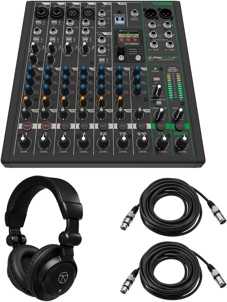 Mackie ProFX10v3+ 10-Channel Bluetooth Analog Mixer with Enhanced FX, Bundle with TAPH100 Headphones and 2x 25' 3-Pin XLR Microphone Cable