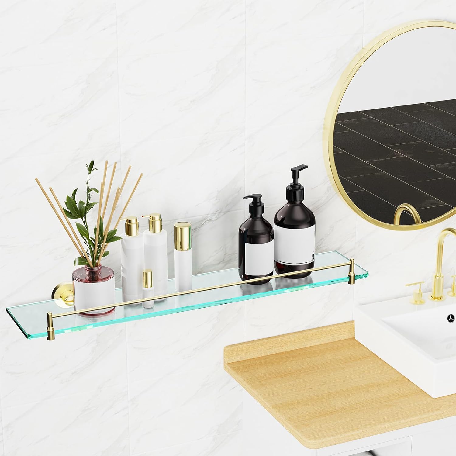 Glass Shelf for Bathroom 2 Pack,24-Inches Floating Glass Shelves Towel Bar/Track(Brushed Gold)