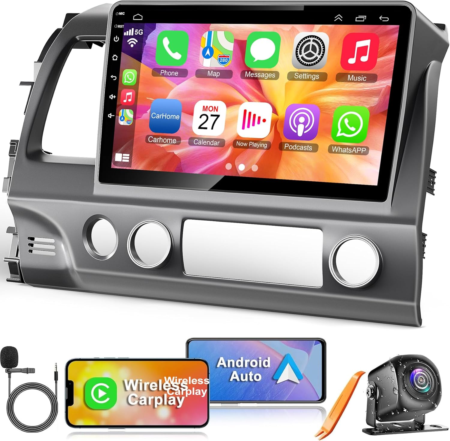 4G+64G Car Radio for Honda Civic 2006-2011 with Wireless Carpaly & Android Auto,10.1 Inch IPS Touch Screen Car Stereo with GPS Navigation/Bluetooth 5.2/FM/Backup Camera/WiFi/SWC/HiFi