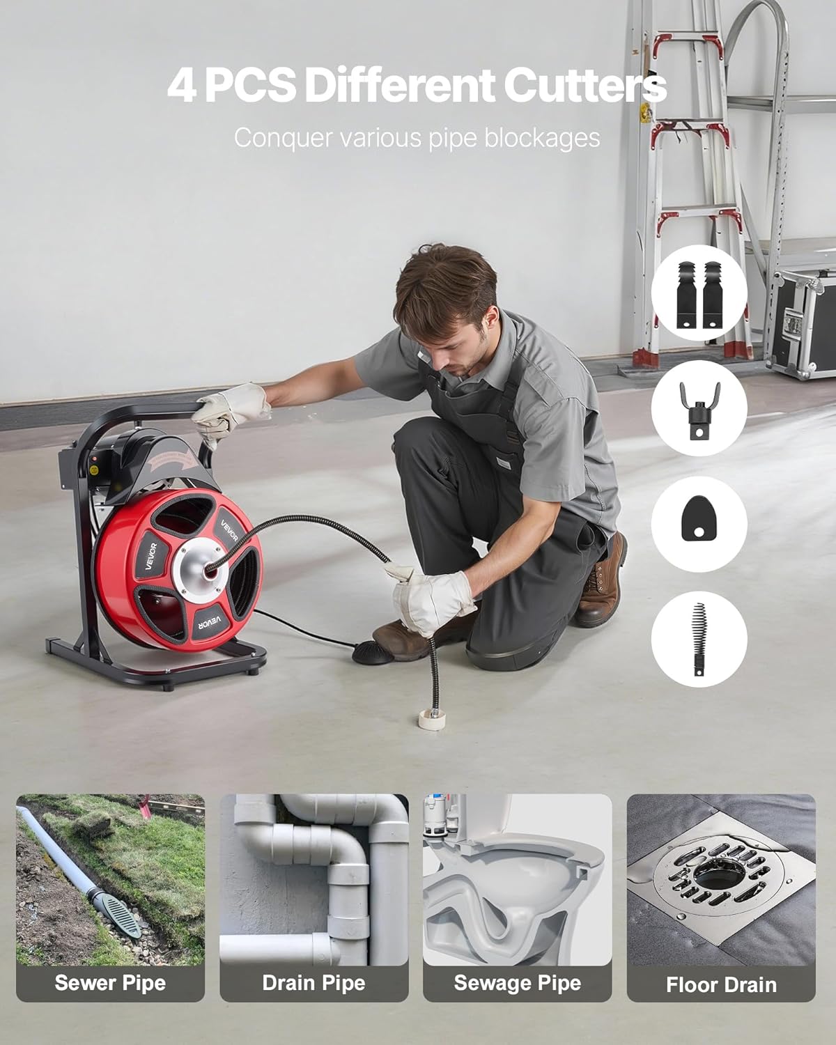 VEVOR Drain Cleaner Machine 50 FT x 1/2 Inch, Manual Feed Sewer Snake Auger with 4 Cutters & Air-Activated Foot Switch for 2