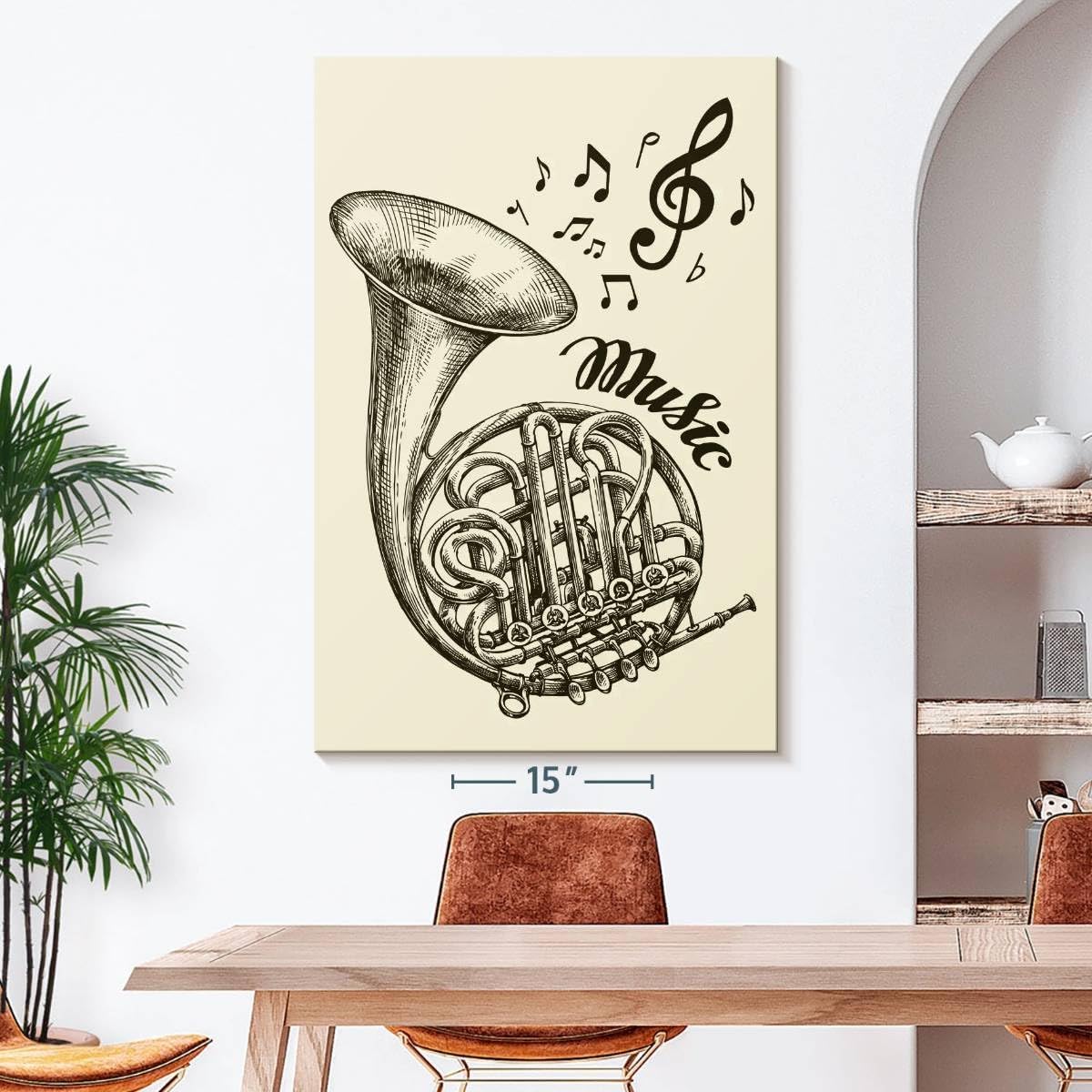 ElephantStock - French Horn Music Wall Art - Vertical Canvas Wall Art - Living Room Wall Decor - Drawing Music Canvas Art - Beige And Black Decor - 34
