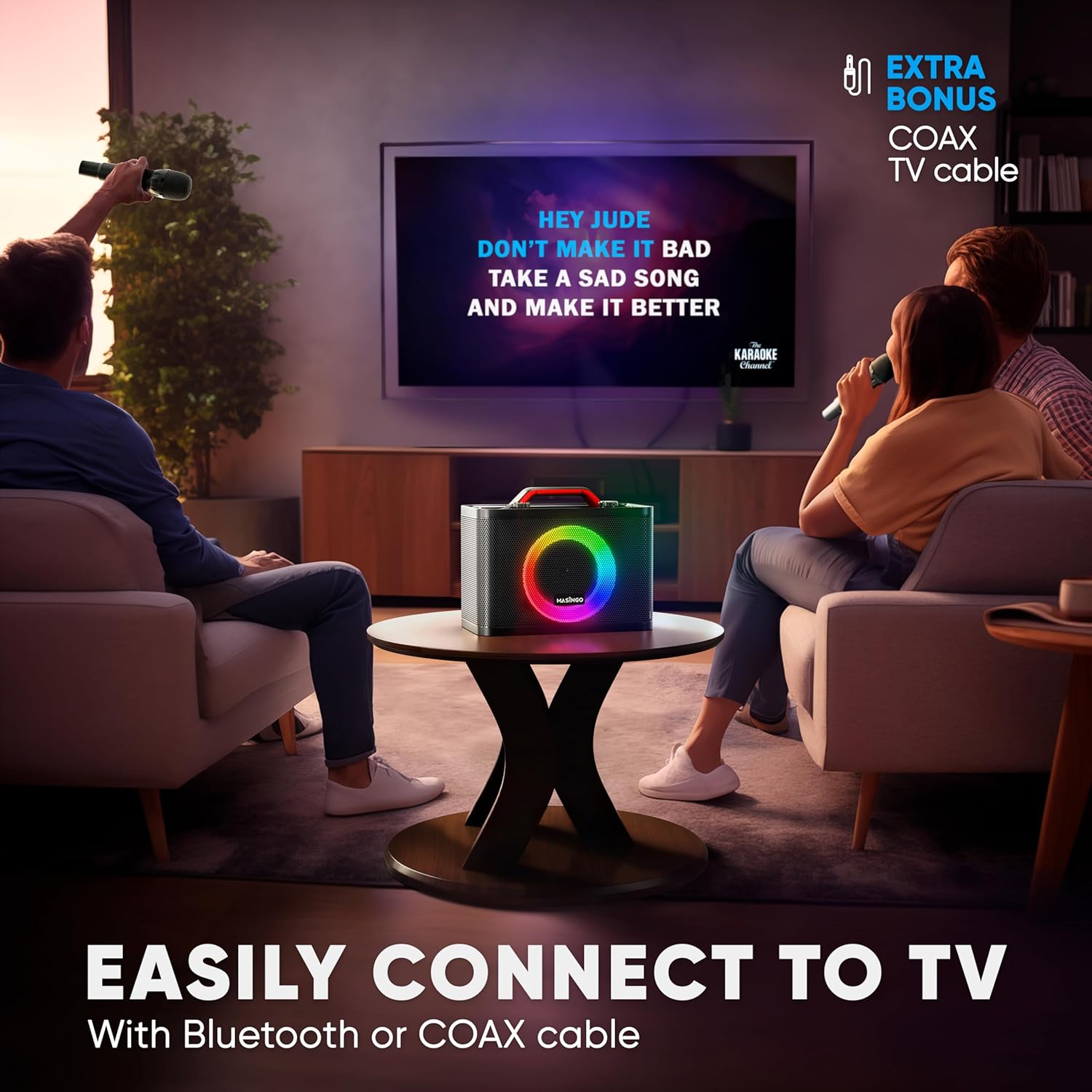 MASINGO New Karaoke Machine for Adults and Kids with 2 Wireless Microphones, Portable Bluetooth Singing Speaker, Colorful LED Lights, PA System, and TV Cable. Sonoro G5 (Black)