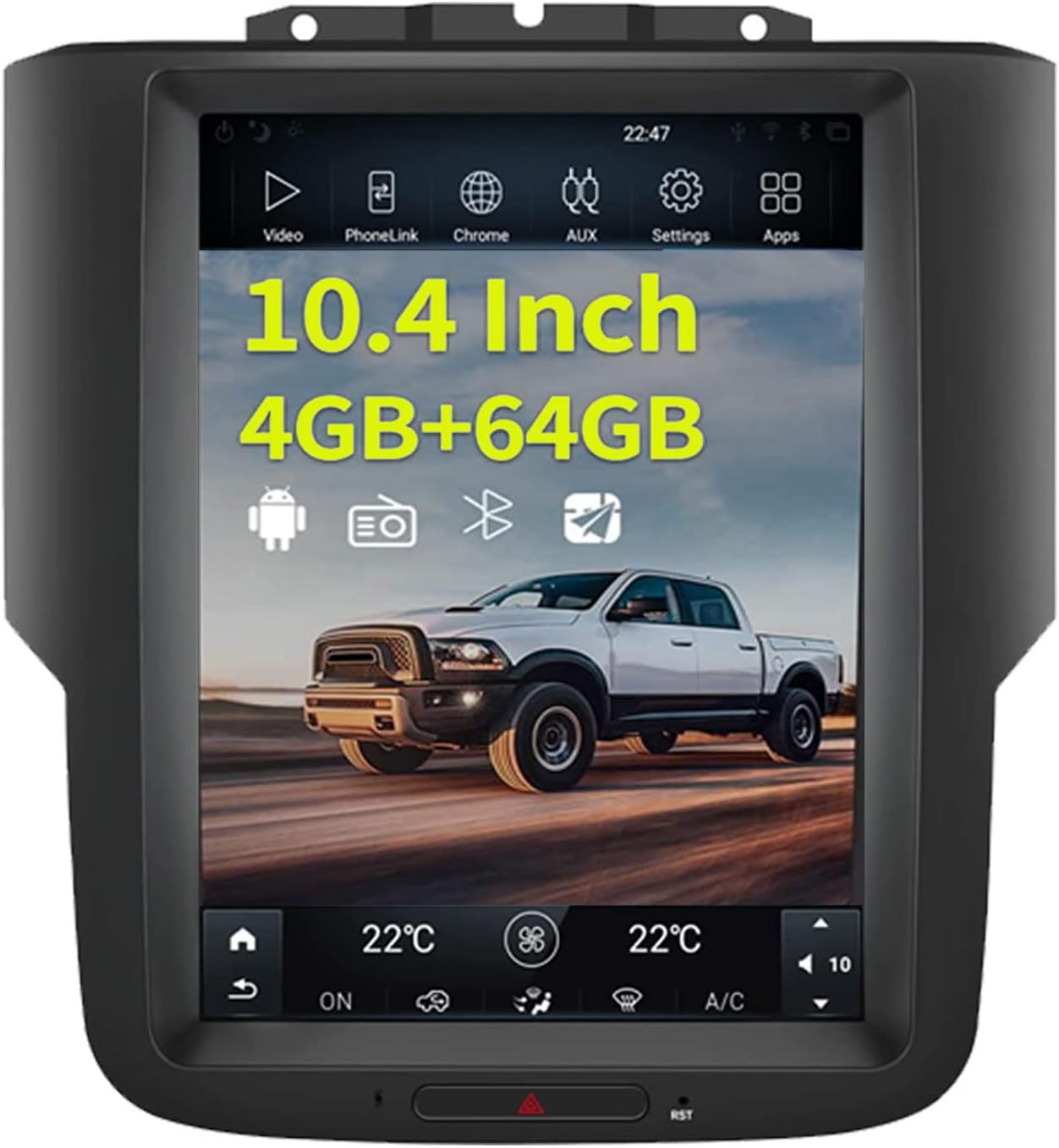 Car Stereo for Dodge Ram 2014-2018 1500 2500 3500, 10.4 Inch T-Style Android System Touchscreen Multimedia Player 4G+64G Built in Carplay Android Auto Navigation WiFi Bluetooth SWC HDMI