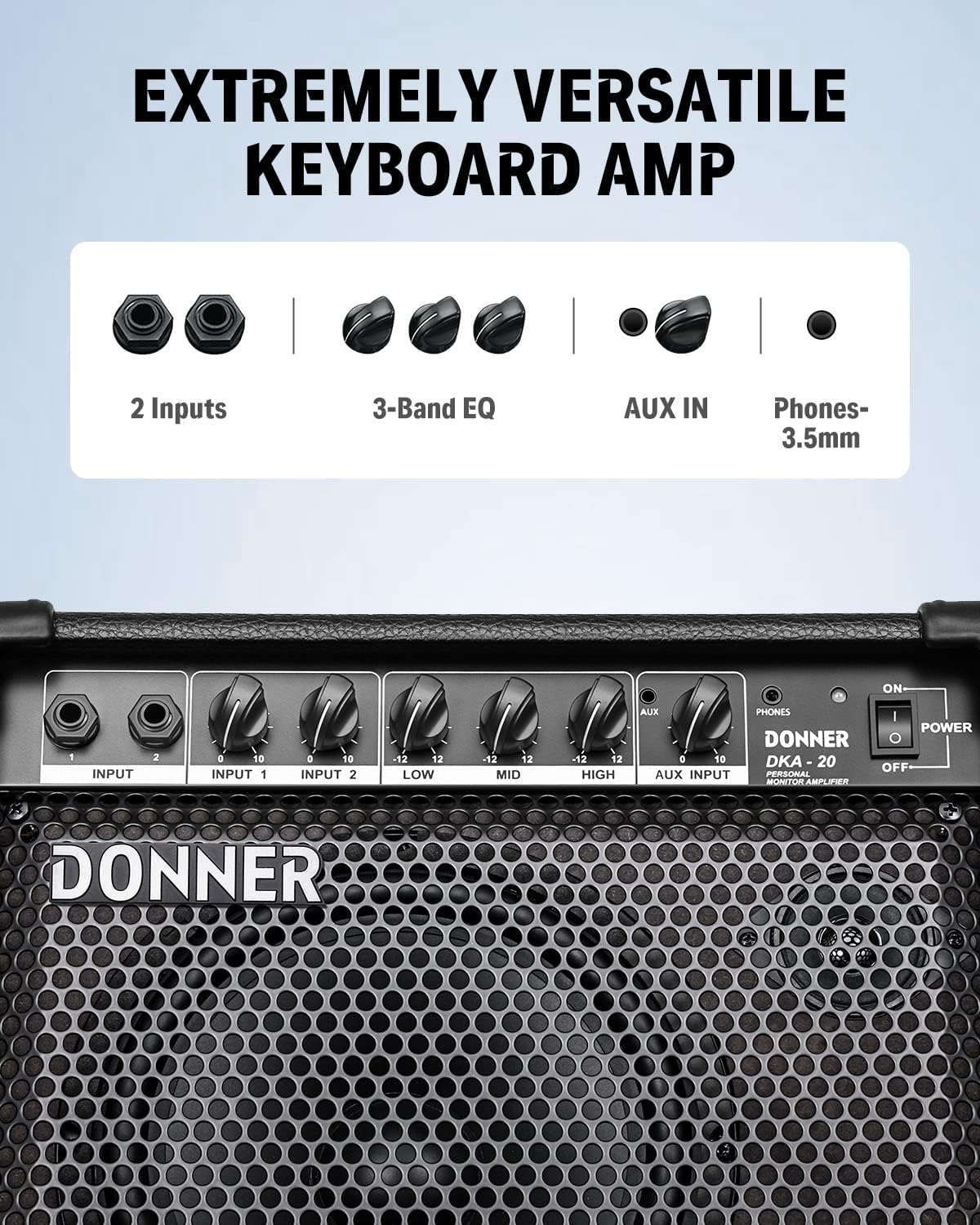 Donner DKA-20 Keyboard Amplifier 20 Watt Keyboard AMP with Aux in and Two Channels, Bass Guitar Amp, Piano Amplifier, Electronic Drum Speaker Support for Microphone Input