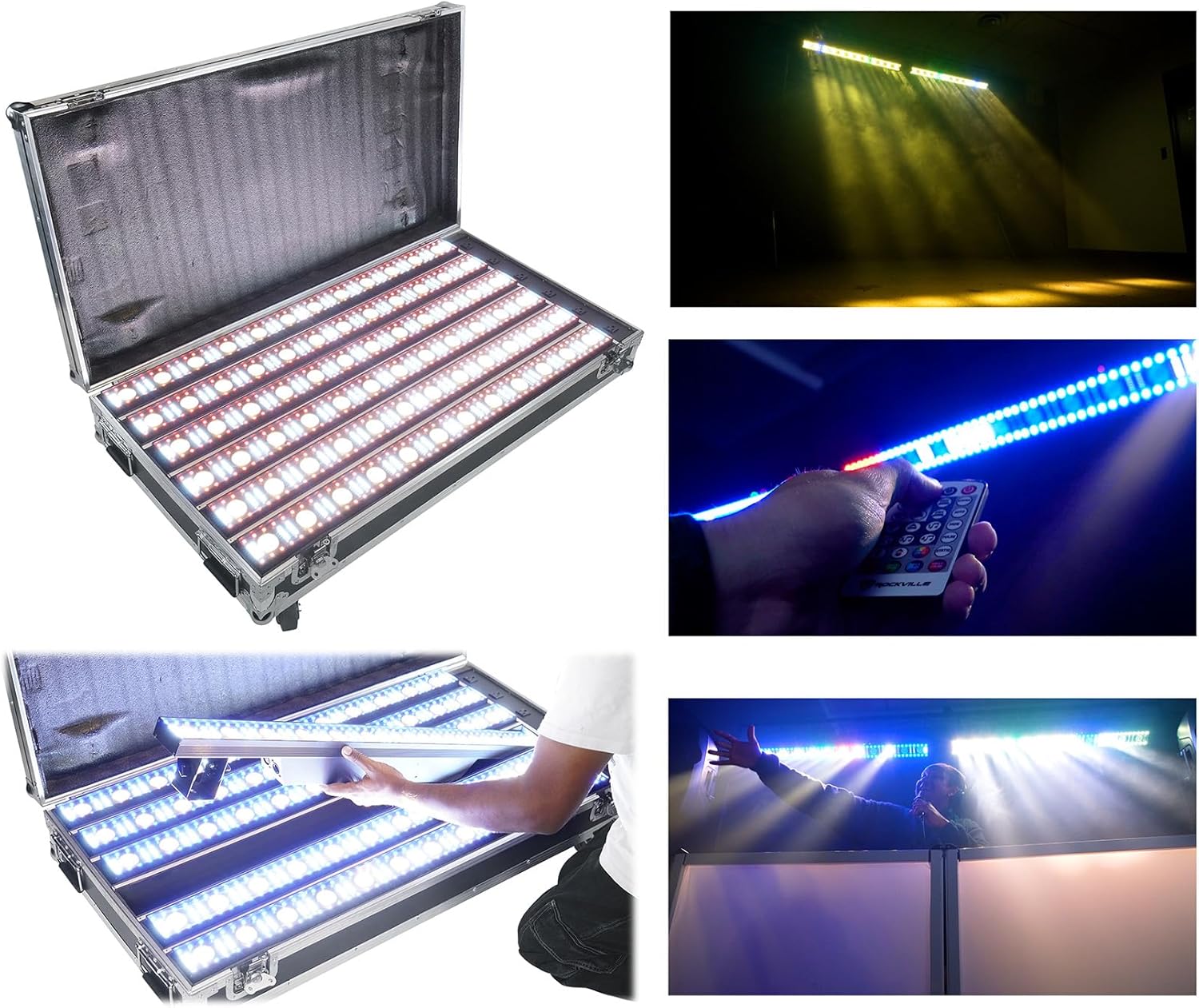 Rockville Pixel Hybrid Pack 6 Battery Powered Bar Wash/Strobe/Blinder Light Strips, RGB 5050 LEDs, Wireless DMX, Custom IR Remote, 10-Hour Battery, Charging Case, for DJs and Stage Lighting
