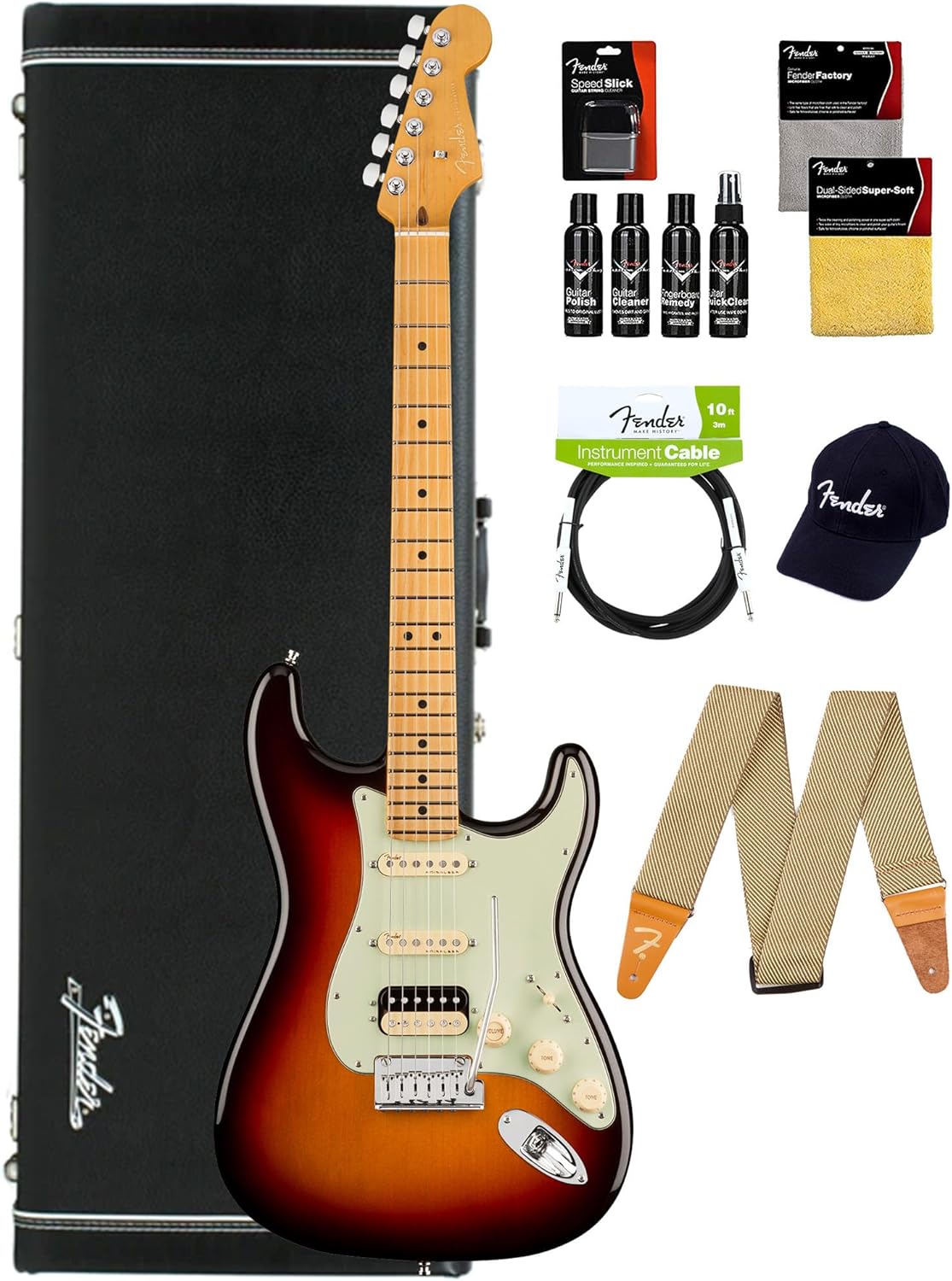 Fender American Ultra Stratocaster HSS, Maple - Ultraburst Bundle with Case, Hat, Strap, Cable, and Guitar Cleaning Kit