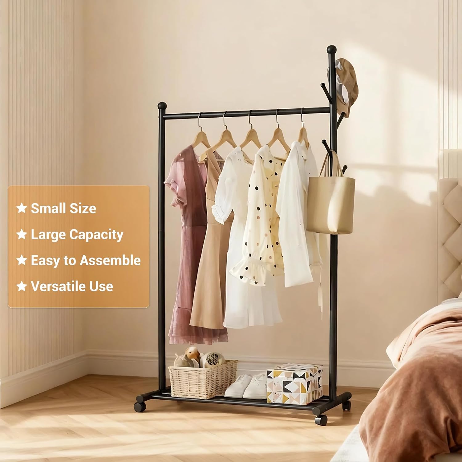 Small Clothes Racks for Hanging Clothes Clothing Rack with Wheels Metal Garment Rack with Shelves Portable Rolling Wardrobe Racks for Small Space Corner Bedroom Hallway Entryway Living Room Black