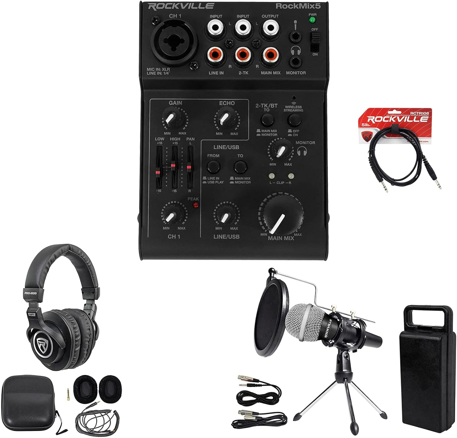 Rockville RockMix 5 Bundle: 5-Channel Pro Mixer with USB Interface, Bluetooth, PRO-M50 Studio Headphones, RCTR106B 6' TRS to TRS Balanced Cable, RMC-XLR Handheld Mic, RTMS21 Tripod Mic Stand, 5 Items