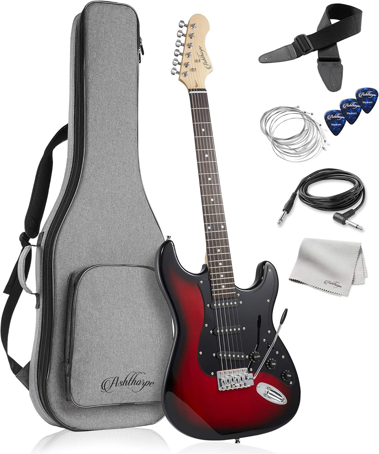 Ashthorpe 39-Inch Electric Guitar (Red-Black), Full-Size Guitar Kit with Padded Gig Bag, Tremolo Bar, Strap, Strings, Cable, Cloth, Picks