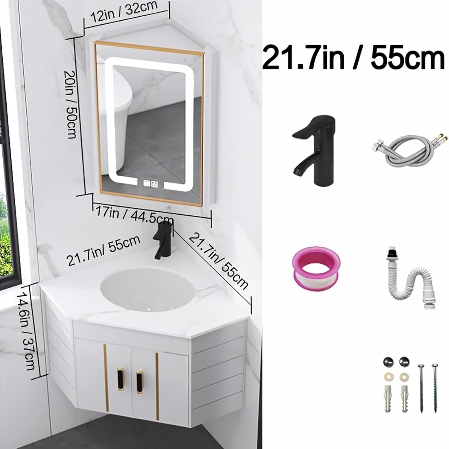 Corner Bathroom Sink, Wall Mount Ceramic Vanity with Mirror Cabinet, Corner Bathroom Vanity, Floating Wash Basin with Storage Container, Corner Vanity Sink(White)