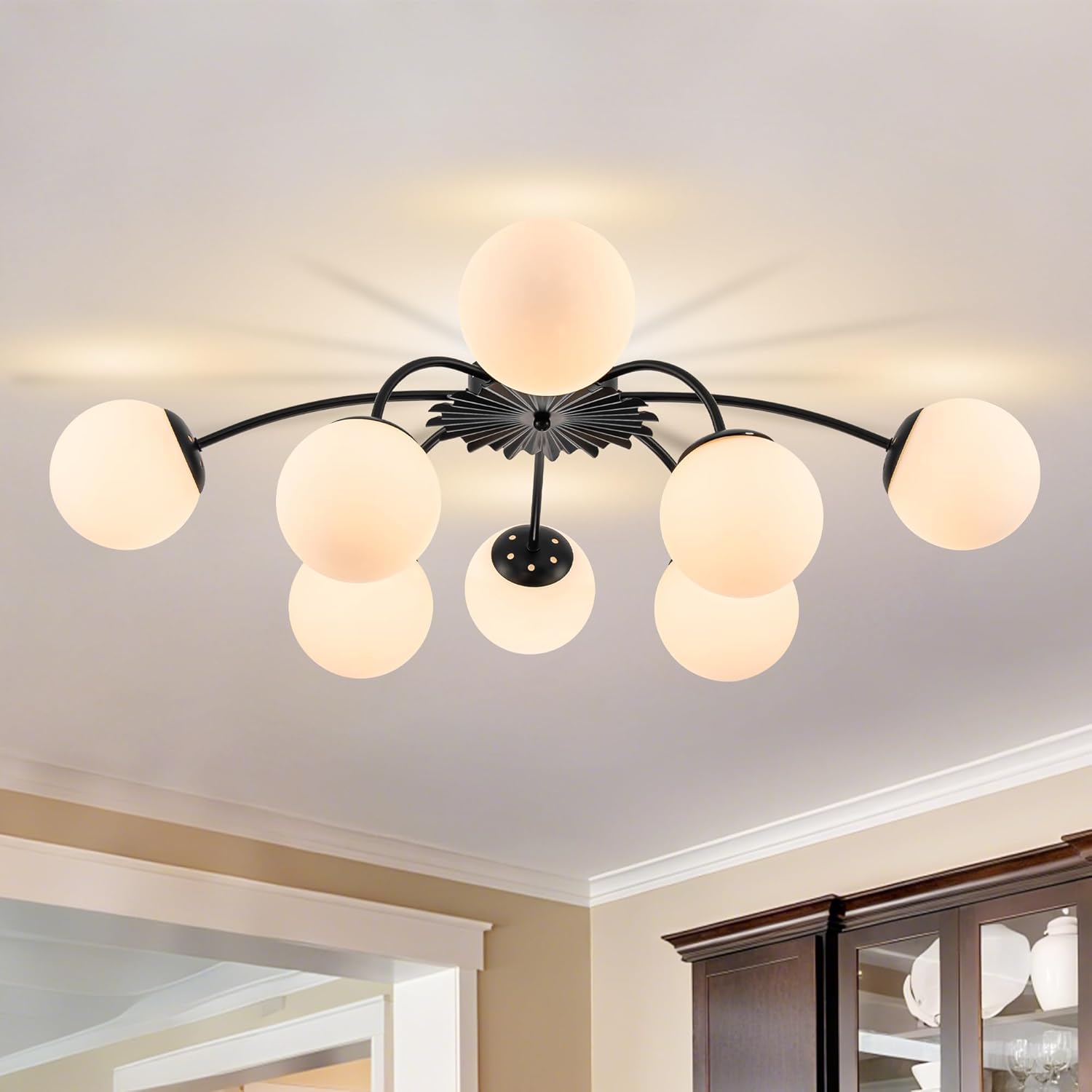 8-Light Mid Century Sputnik Semi Flush Mount Ceiling Lights Black, 32.9 in. Milk Glass Globe Light Blossom Accent Glass Bubble Chandeliers Light Fixture for Dining Bedroom Living Entry