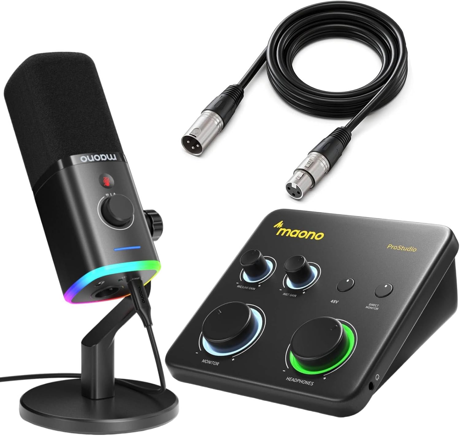 MAONO PD100X XLR/USB Gaming Microphone & Maono PS22 Lite & All in One Gaming Gear Bundle for Game Streamers（PD100X Black+PS22 Lite+XLR-180)