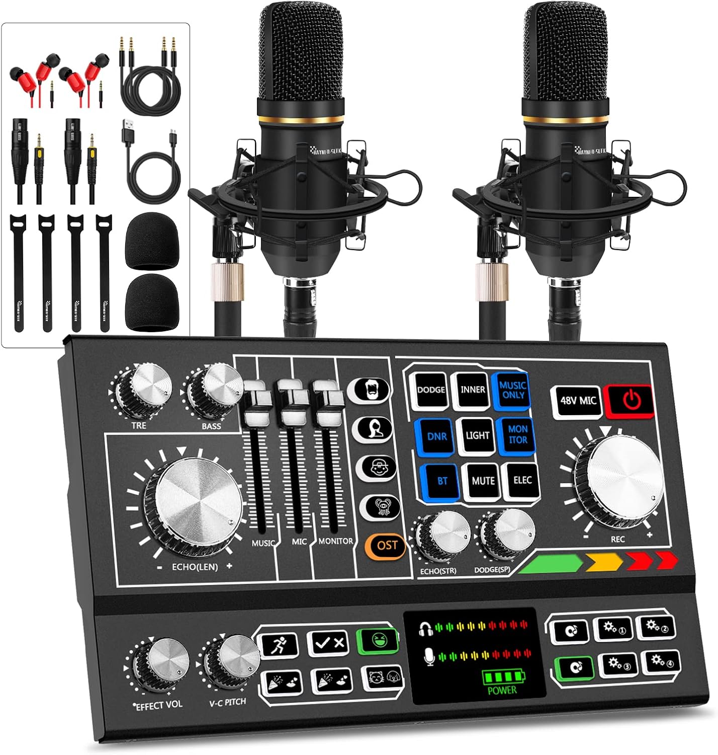 Podcast Equipment Bundle for 2, Audio Mixer with Condenser Microphone and 48V Phantom Power Supply Audio Interface for Live Stream Record Game