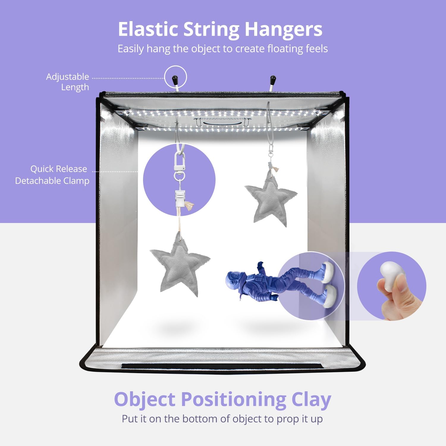 LimoStudio 24 x 24 inch (New Model) LED Light Box Photo Shooting Tents, 120 LED > 4000 Lumen, CRI > 95, Elastic Ceiling String Clip for Hanging Object, Transparent Clay for Object Position, AGG1071