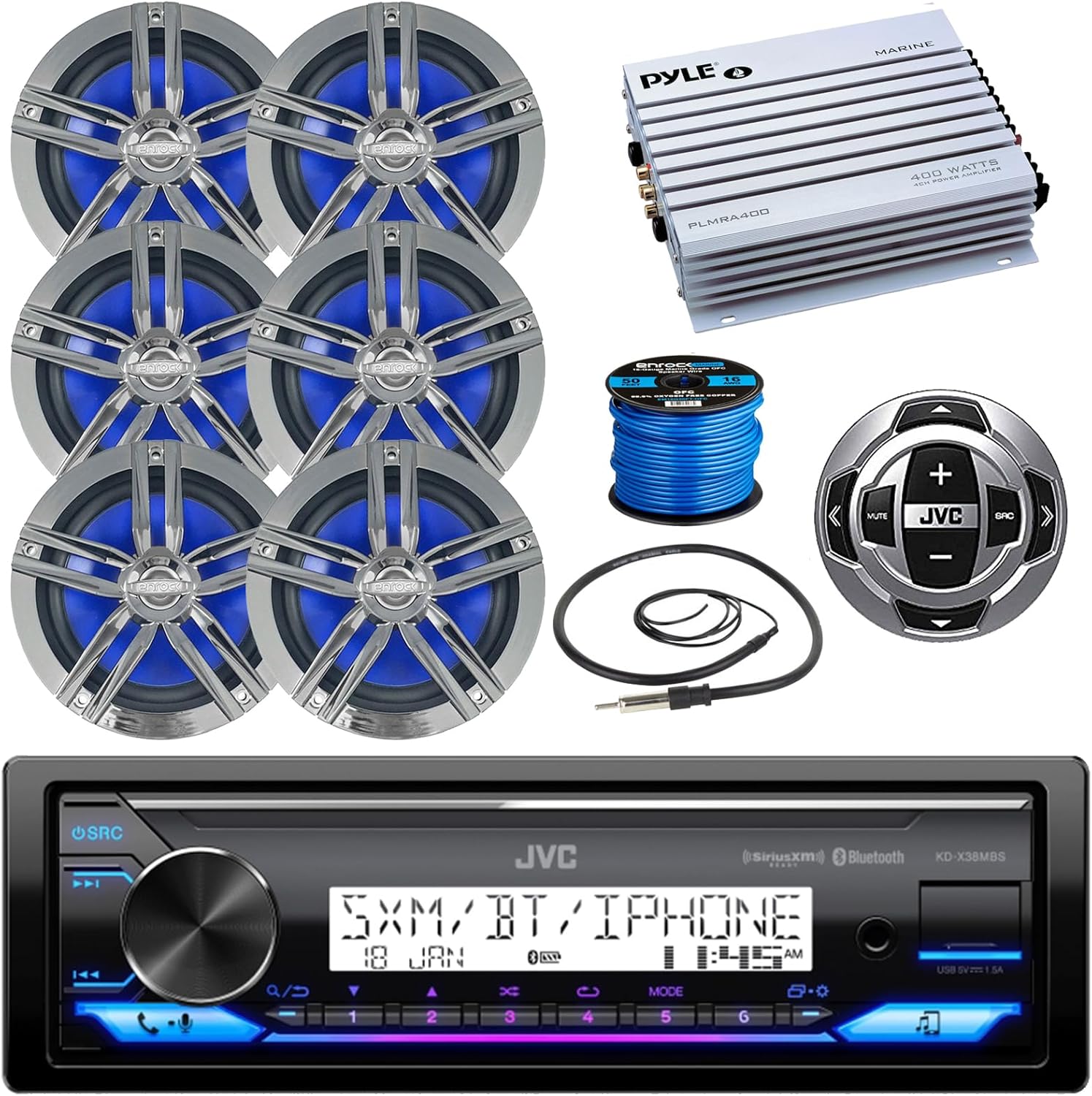 JVC in-Dash Marine USB Bluetooth AM/FM Stereo Receiver with Wired Remote Control, 6X 6.5 180 Watt Max 2-Way Charcoal Boat Speakers, 4-Channel Amplifier, 22