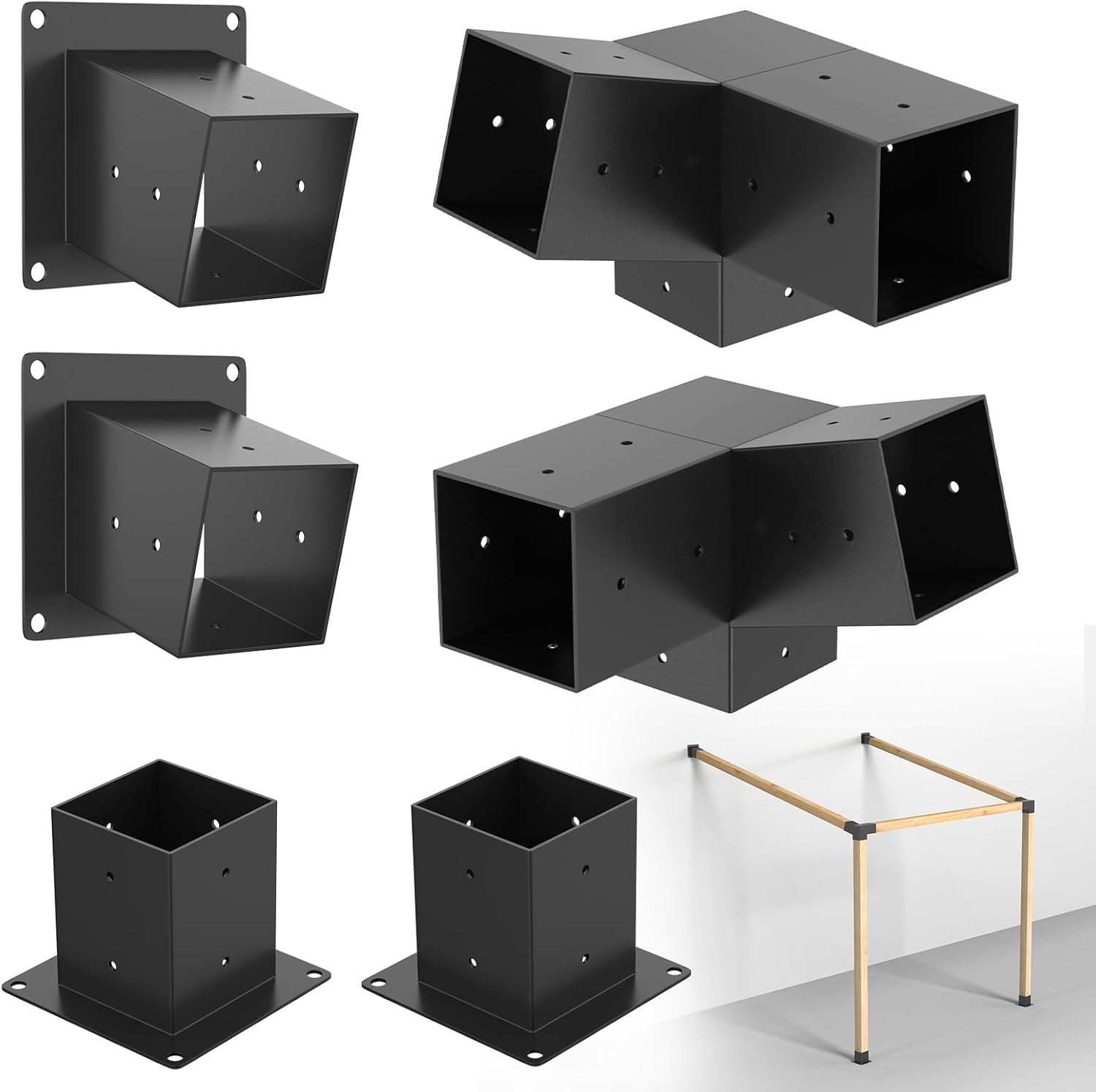 15° Slanted Roof Pergola Brackets, 3-Way Roof Wall Mount Extension Pergola Kit, Angled 4''x4'' Wood Post Base Bracket, Corner Bracket for Gazebos, Patio Pergolas, Log Cabin (6PCS)