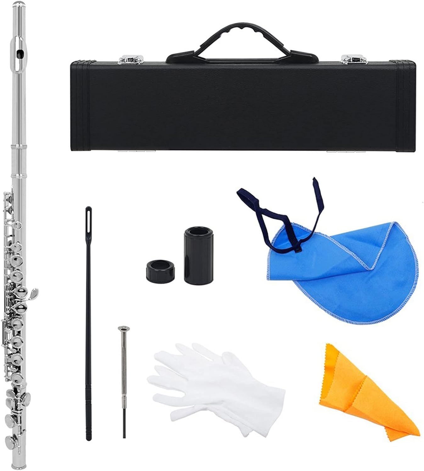 Flute Kit Silver 16 Holes Flute with E Key Woodwind Instrument Closed Hole C Tone Cupronickel Tube with Padded Bag Music Accessories Intermediate Flute