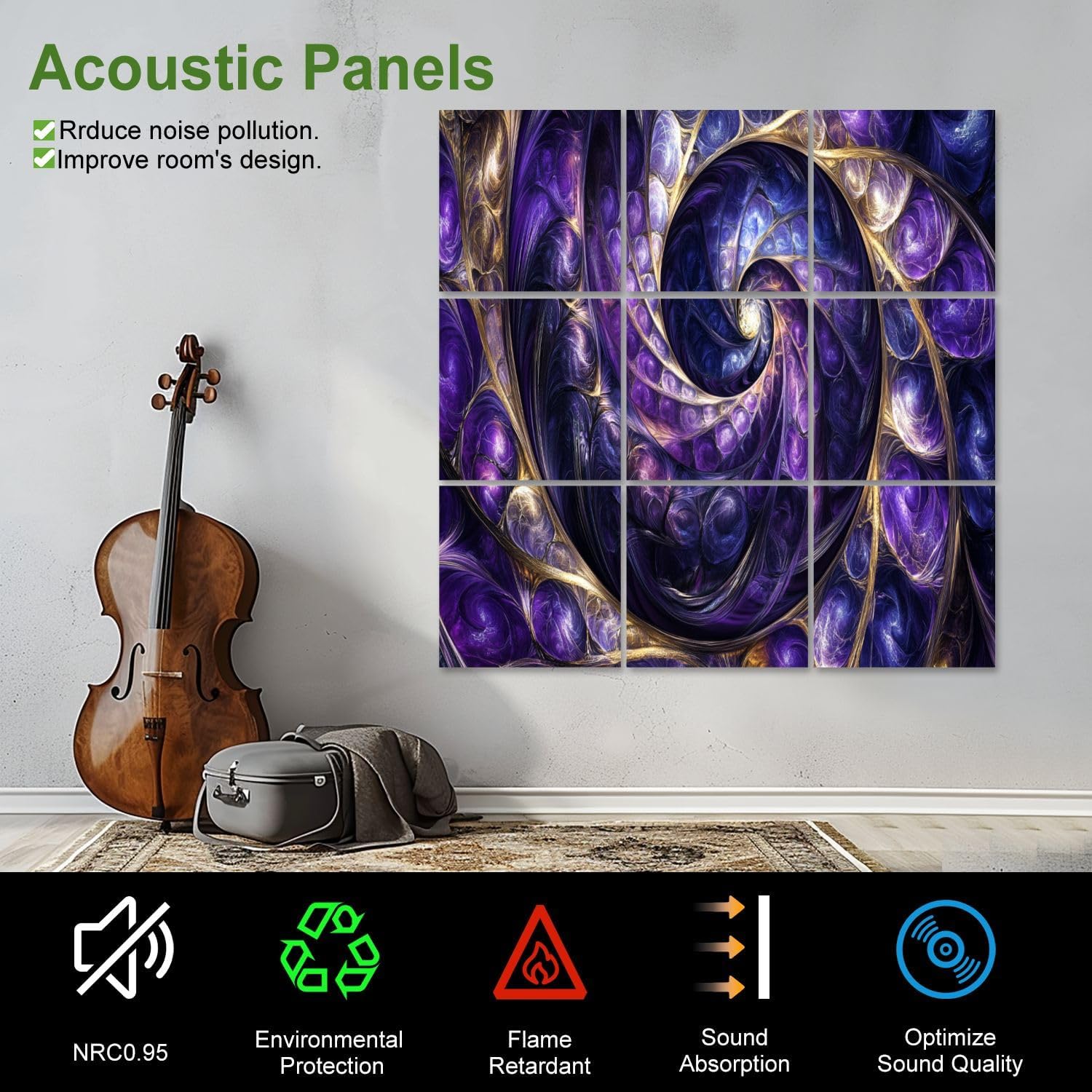 Art Acoustic Panels Self Adhesive Purple Violet Abstract Art Print 9 Packs Decorative Soundproof Wall Panels Large Sound Absorbing Panels for Home Office 60