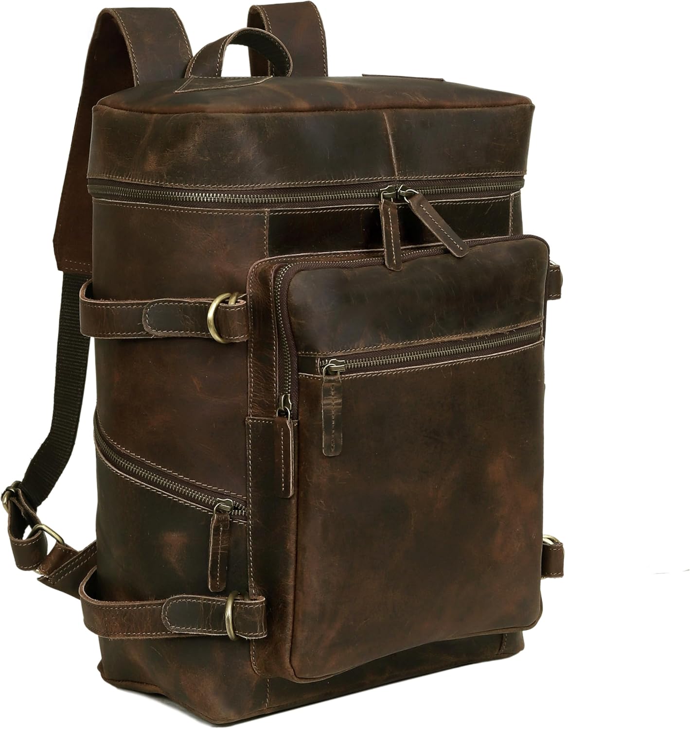 HLC Leather Backpack Genuine Laptop Rucksack For Men Women Genuine Large Capacity Business Retro Travel Camping Daypack Bag (Brown)