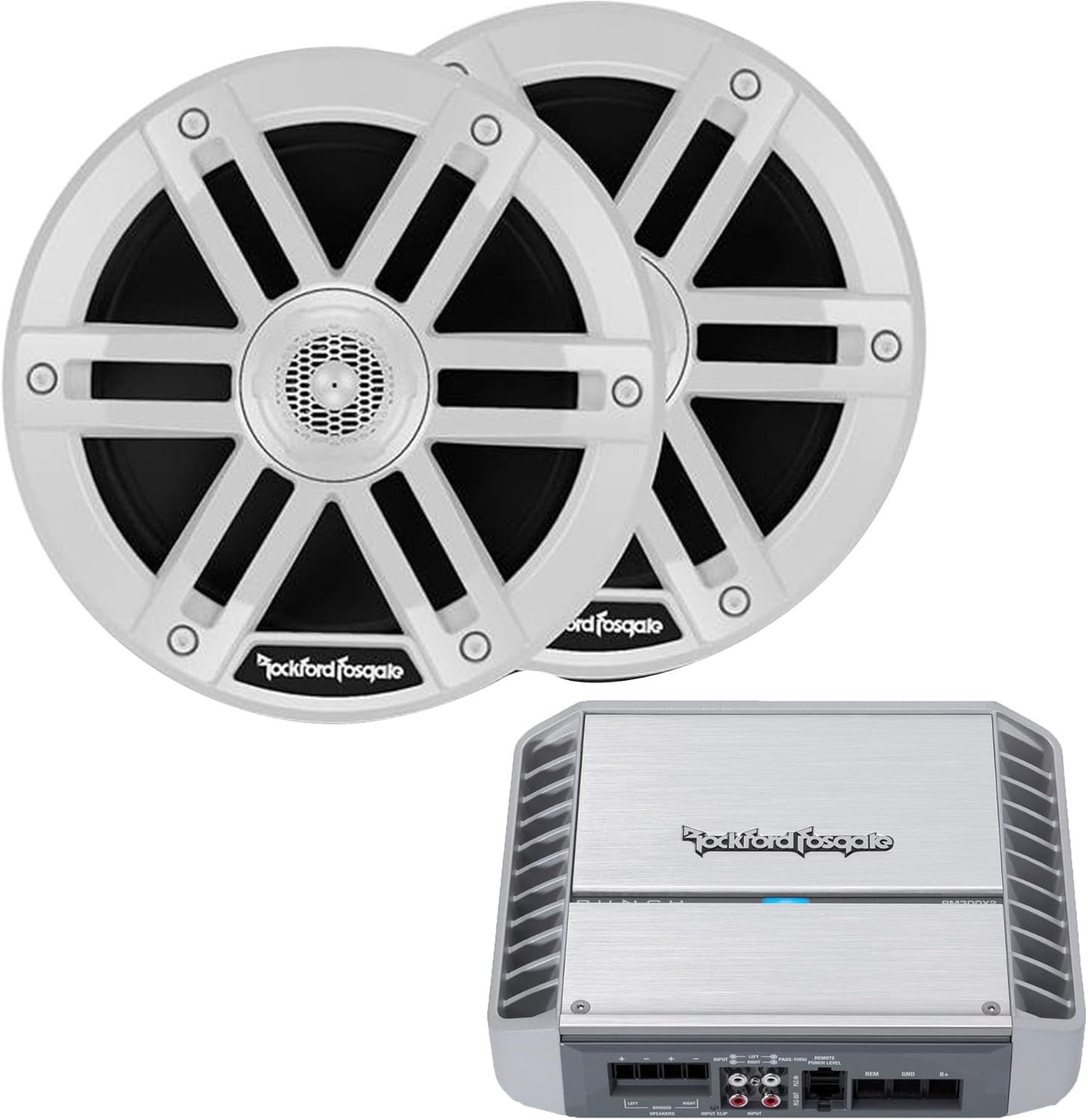 Rockford Fosgate PM300X2 2 Channel Marine Amplifier with 1 Pair M0-65 6.5” Marine 2-Way System - White Grilles Included