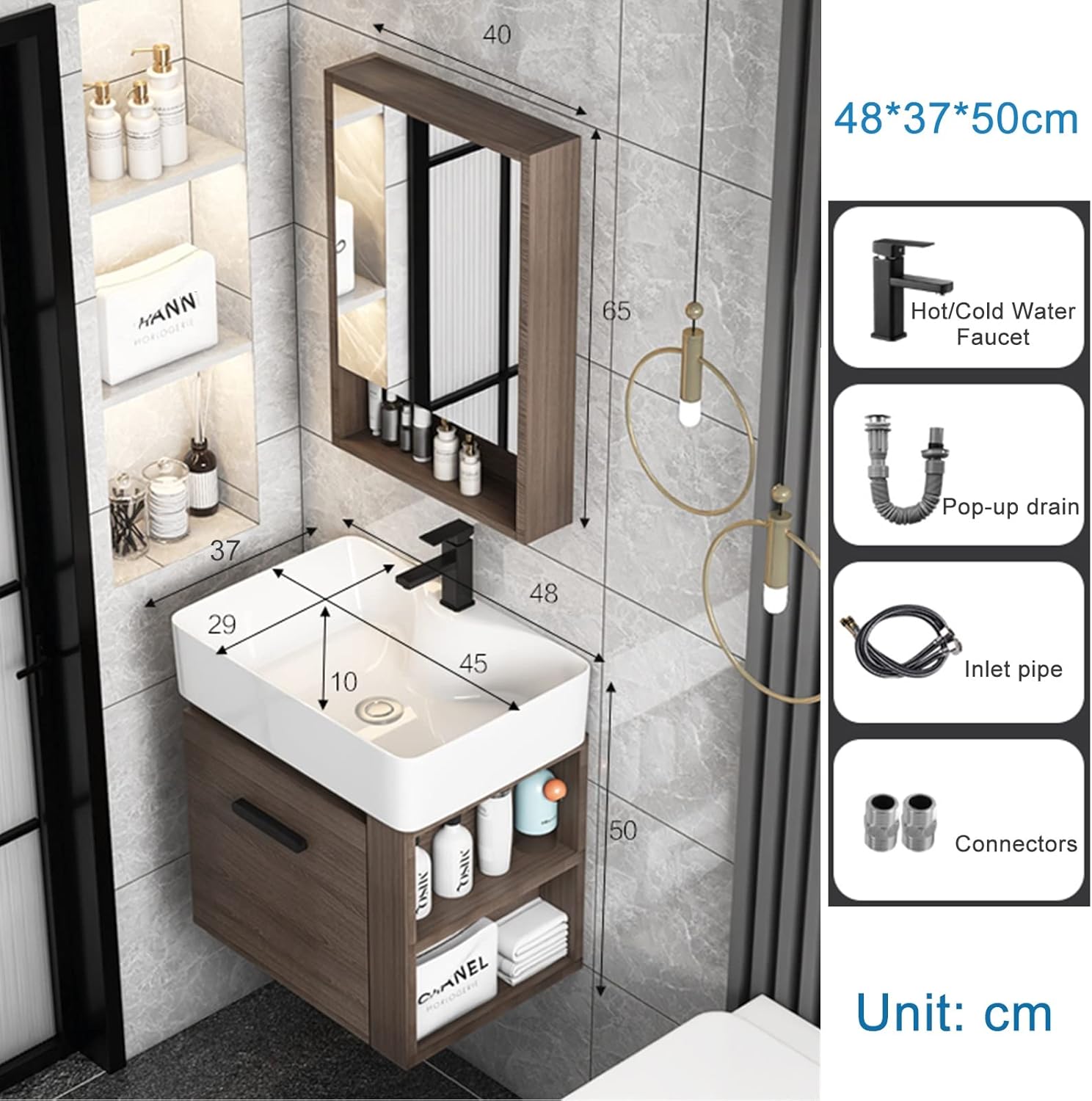 Bathroom Vanity Sink Combo - Wall Mounted Cabinet & Rectangle Ceramic Vessel Sink & Mirror (Size : 48 * 37 * 50cm)