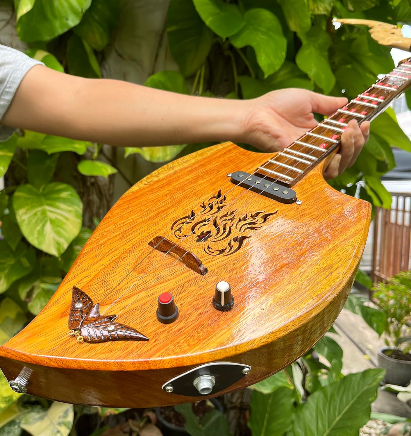 Isarn Acoustic Electric Phin 3 Strings, Thai Lao Asian Guitar Folk Musical Instrument, Traditional Thailand Musical Pin60